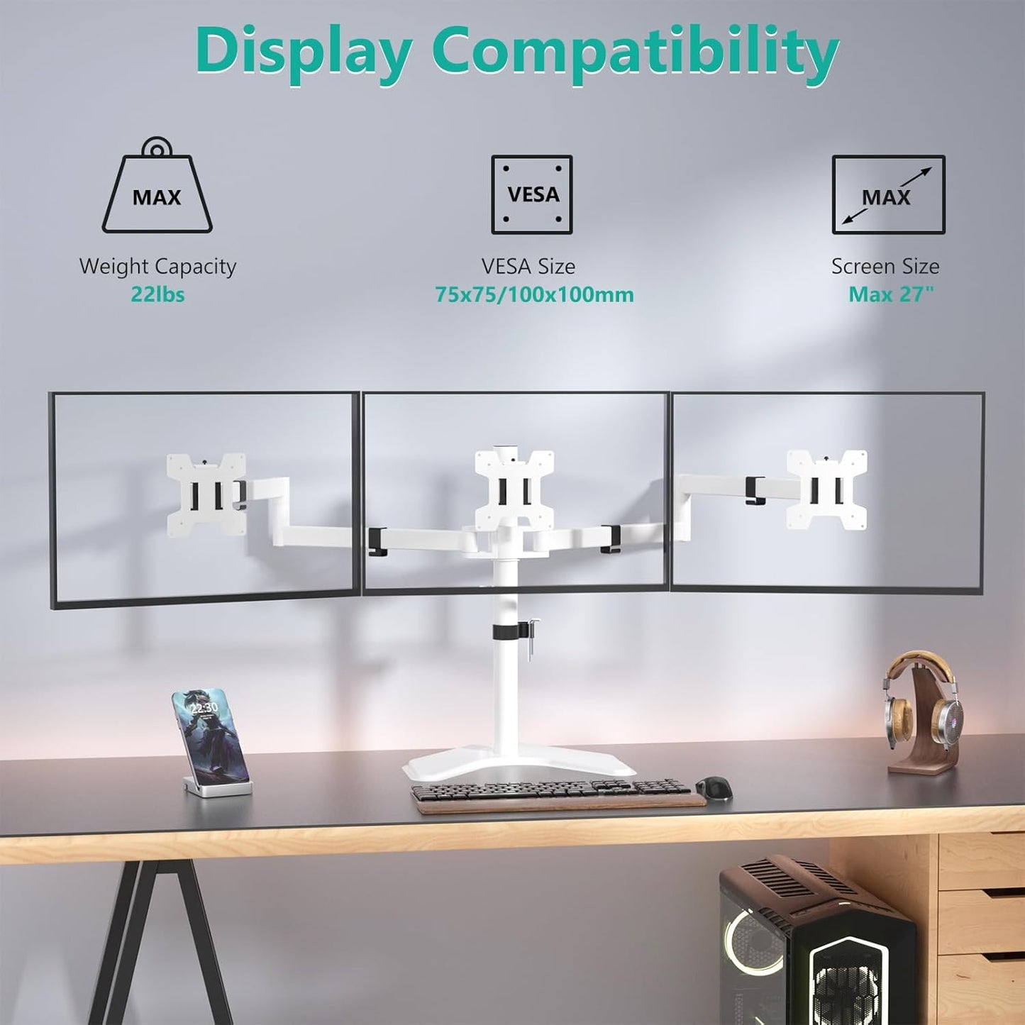 WALI Triple Monitor Stand, Free Standing Three LCD Monitor Fully Adjustable Desk Mount Fits 3 Screens up to 27 inch, 22 lbs Weight Capacity per Arm (MF003-W), White