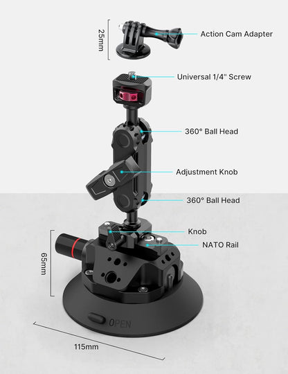 Camera Suction Cup Mount for Action Cameras - ULANZI SC-02 4.5in Pump-actived Vacuum Suction Mount w Quick Release NATO Magic Arm Car Boat Windshield Window Mount Compatible with Action Cameras