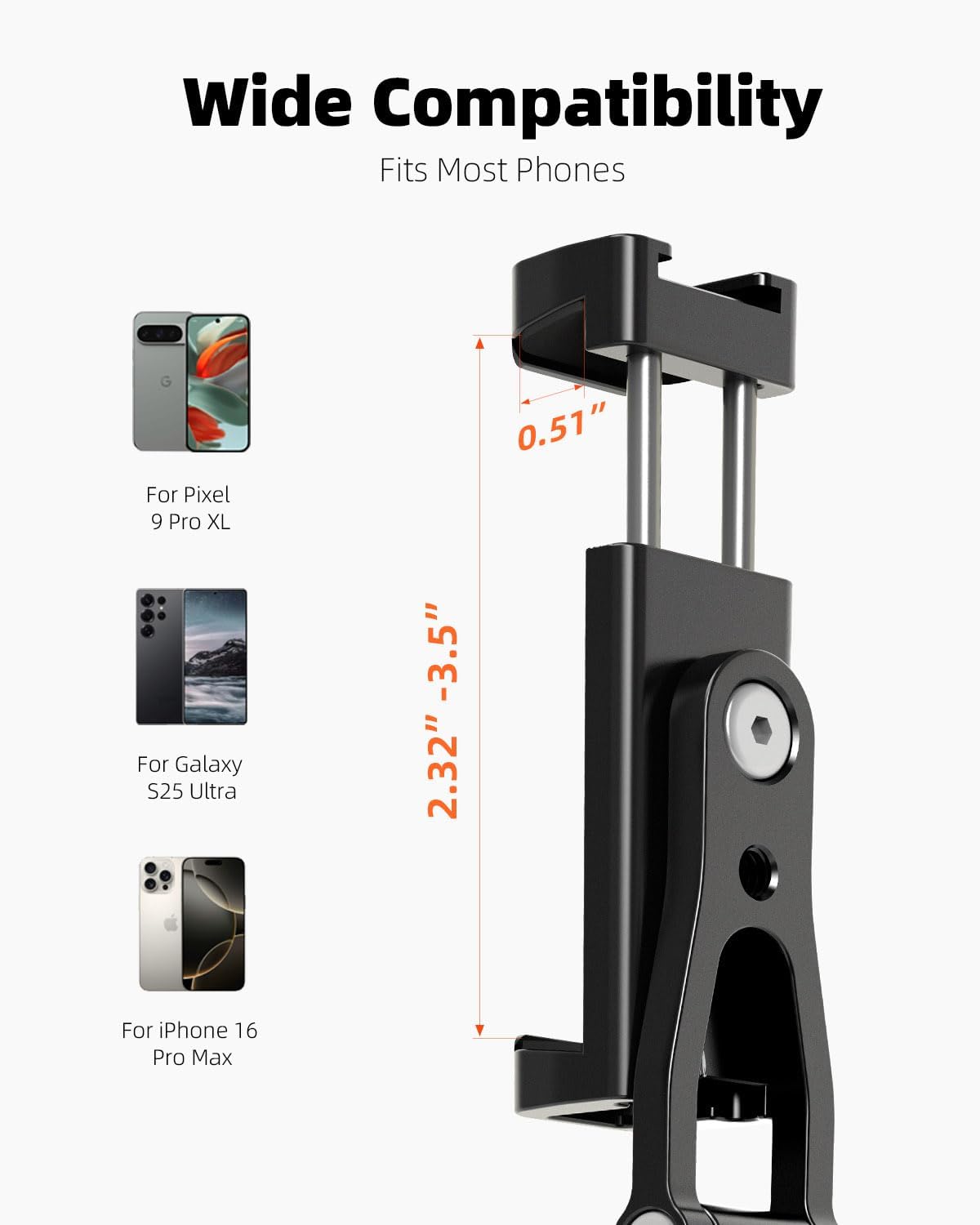 All Metal Phone Tripod Mount, 360° Rotation Tripod Phone Mount with 2 Cold Shoes, Adjustable Cell Phone Mount Adapter with 1/4" Thread, Compatible with iPhone Android Phones, Digital Camera