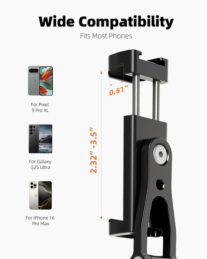 All Metal Phone Tripod Mount, 360° Rotation Tripod Phone Mount with 2 Cold Shoes, Adjustable Cell Phone Mount Adapter with 1/4" Thread, Compatible with iPhone Android Phones, Digital Camera