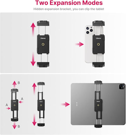 ULANZI ST-29 Phone Tripod Mount, Universal 2-in-1 Tablet Smartphone Holder Adapter with Cold Shoe Mount, 2.6"-8.8" Extend Clip Clamp Compatible with iPad, iPhone, Samsung Galaxy and More