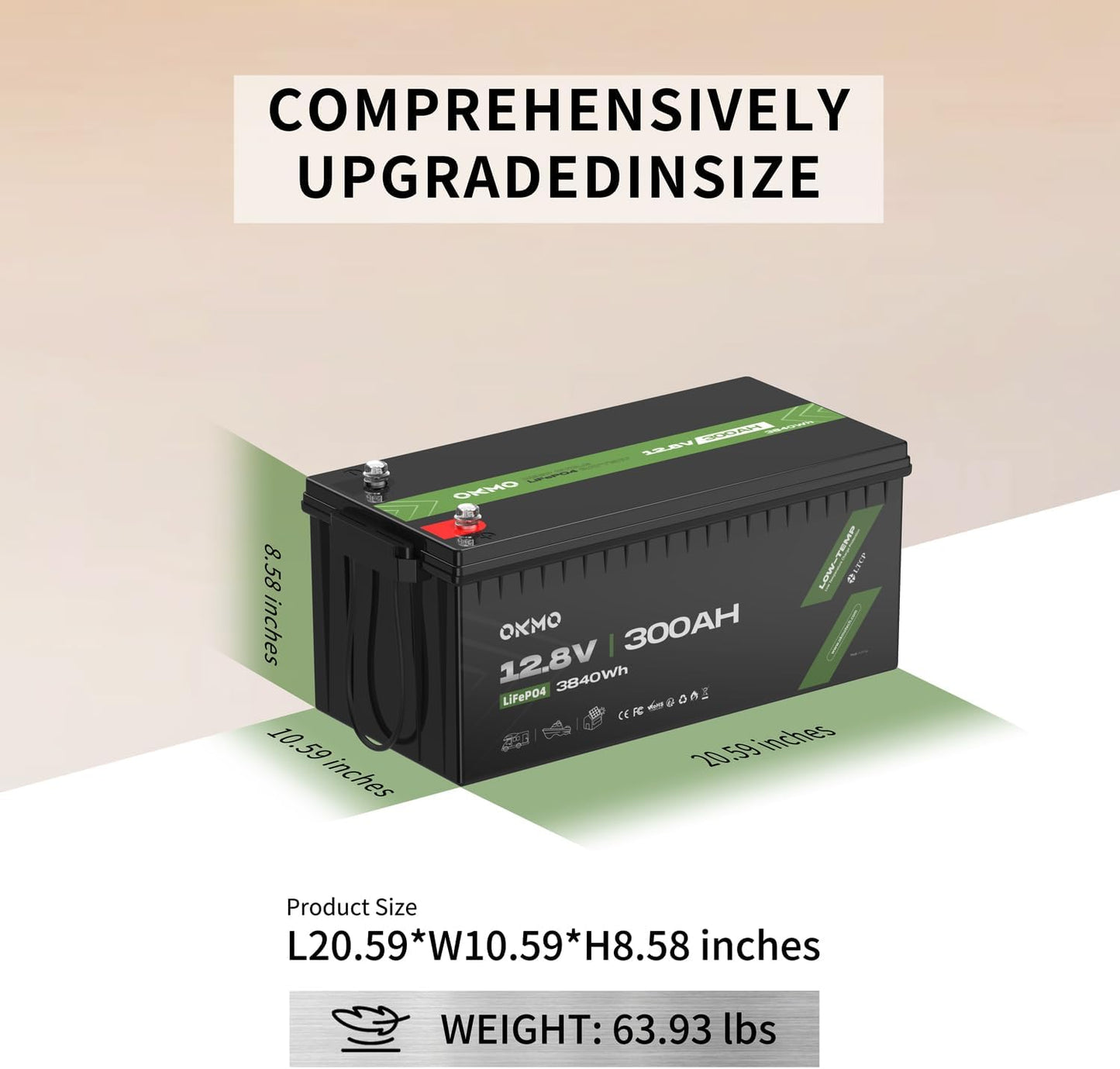 OKMO 12V 300Ah LiFePO4 Lithium Battery 3840Wh Rechargeable Lithium Battery with BMS 10 Years Lifetime 15000+ Deep Cycles,for Solar systerm,RV,Camping,Battery Backup,Marine and Home Energy Storage