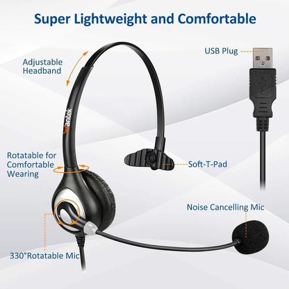 USB Headset with Microphone Noise Cancelling & Audio Controls, Computer Headphones for PC Laptop, Business, Home Office, Call Center, Skype, Zoom, Webinar, Clear Chat, Super Light,Single