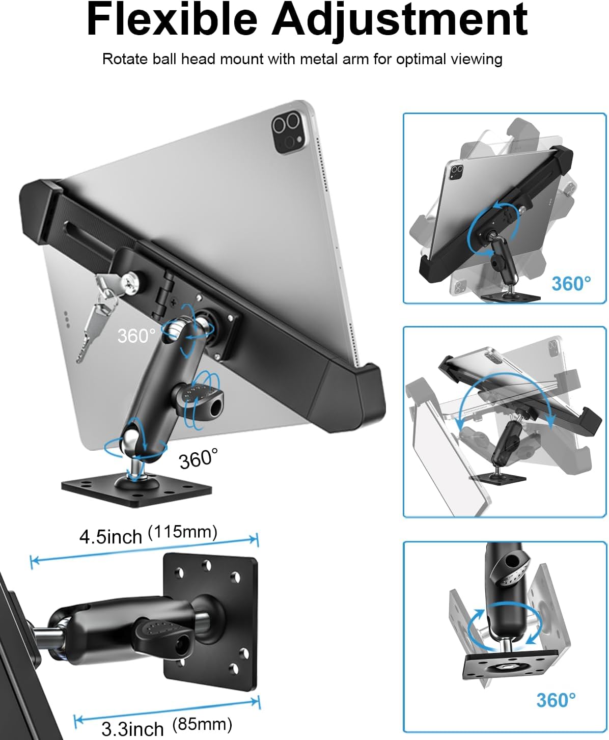 woleyi Anti Theft Heavy Duty Drill Base Tablet Holder Car Mount Dashboard for Truck/Vehicle with Security Lock and Key, Compatible with iPad Pro/Air/Mini, Galaxy Tabs, More 7-11" Tablets