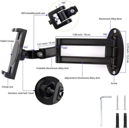 Foldable iPad Wall Mount Holder,Aluminium Extendable Tablet Wall Mount for 7~12.9 inch Tablets iPad/Nexus/LG G Pads/e-Reader/Switch,Adjustable Extension Articulating Arm Swivels Mount