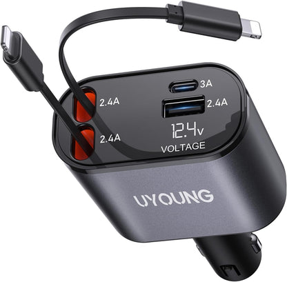 iPhone Car Charger 4 in 1 Fast USB Car Phone Charger 20W Double Lightning Retractable Cables 31.5 Inch and 2 USB Ports Car Charger Adapter for iPhone 14/13/12 Pro Max/XR/XS,Samsung,Pixel,iPad
