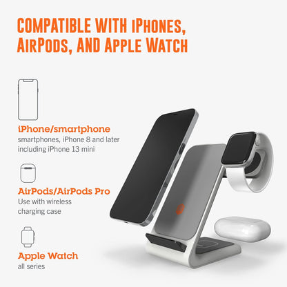 STM ChargeTree Swing 3-in-1 Wireless Charging Station for iPhone/Samsung/Android (15W/7.5W), AirPods (5W), Apple Watch (3W). Qi-Certified Stand, White