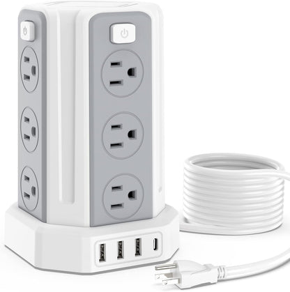 Power Strip Surge Protector, 10 Ft Extension Cord with 12 AC Multiple Outlets 4 USB (1 USB C), SMALLRT Power Tower Desktop Charging Station (White, 10 FT PD20W)