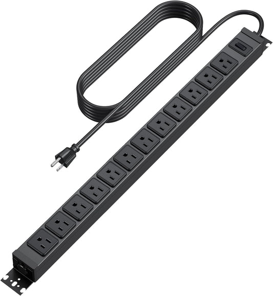 HHSOET 360° Rotating 12 Outlet Mountable Power Strip, Metal Gaming Table Mounted Outlet Strip, Heavy Duty Wall Mount Surge Protector with Switch, Works Great and Very Versatile, 10ft Power Cord.Black