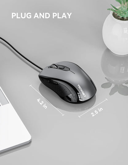 TECKNET Computer Wired Mouse, USB Mice for Laptop with 6-Button, 3600DPI Optical PC Wired Mouse, Home and Office 5FT USB-A Corded Comfortable Mice, Plug & Play, NO Battery Required-Grey