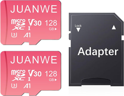 JUANWE 128GB Micro SD Card 2 Pack microSDXC Memory Card with SD Adapter C10 U3 A1 V30 Memory Card TF Card Pink, 128GB