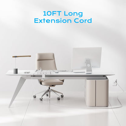 Flat Plug Desk Clamp Power Strip 10FT, 24W Total Charging Station, Desk Edge Mount Power Strip 9 AC Outlets 8 USB Ports Surge Protector, Fit 1.7" Tabletop Edge, Home Office Accessories, White