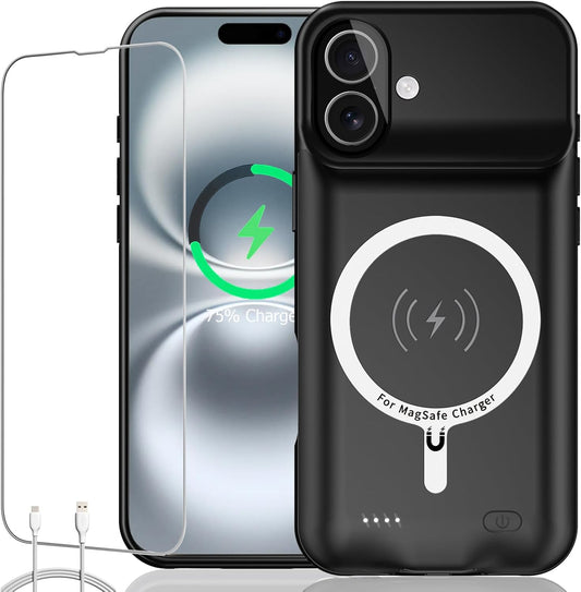 Battery Case iPhone 16 Plus, Upgraded 12000mAh Rechargeable Portable Extended Battery Pack Supported Qi Wireless Charging Case Compatible with iPhone 16 Plus (6.7 inch) Charger Case Power Bank (Black)