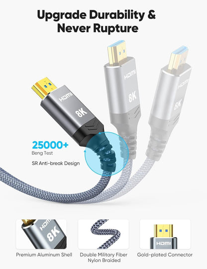 Highwings Long 8K Fiber Optic HDMI Cable 50 FT, 2.1 Unidirectional 48Gbps High-Speed Slim HDMI Braided Cord 8K60Hz 4K120Hz HDR/eARC HDCP 2.2/3D Compatible for PS5 and DVD Player