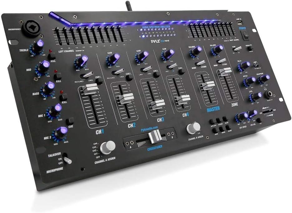Pyle 6 Channel Mixer DJ Controller with Bluetooth, Professional Sound Digital Mixing System with LED Illumination, Slider Controls, Speed Control, 10 Band Equalizer 5U Rack Mount System - PYD1964B.5