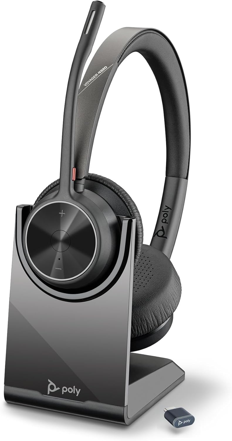 Poly Voyager 4320 UC Wireless Headset & Charge Stand (Plantronics) - Stereo Headphones w/Noise-Canceling Boom Mic - Connect PC/Mac/Mobile via Bluetooth - Works w/Teams, Zoom, & More - Amazon Exclusive