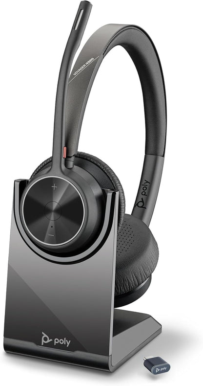Poly Voyager 4320 UC Wireless Headset & Charge Stand (Plantronics) - Stereo Headphones w/Noise-Canceling Boom Mic - Connect PC/Mac/Mobile via Bluetooth - Works w/Teams, Zoom, & More - Amazon Exclusive