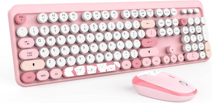 Wireless Keyboard,KOOTOP Cute Colorful 104 Keys Typewriter Retro Round Keycaps Keyboard for PC Laptop,Desktop,Windows, Home and Office Keyboards (Pink)