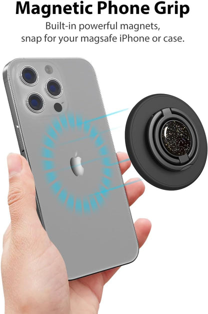 Magnetic Phone Grip Compatible with MagSafe, Magnetic Phone Ring Holder Finger Kickstand Wireless Charging Compatible, Double Cell Phone Rings Gripper Stand for MagSafe iPhone - Sparkle Black