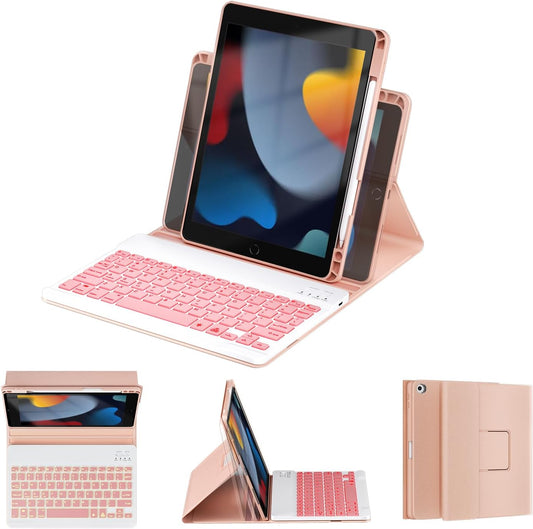 OYEEICE for iPad 9th Generation Case with Keyboard - Detachable Backlit Keyboard - Rotatable Cover with Pencil Holder for iPad 9th/8th/7th Gen, iPad Air 3rd Gen & iPad Pro 10.5" - Pink