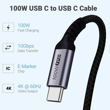 USB C 3.1 Data Cable 10FT 2 Packs, Right Angle 100W Gen 2 Fast Charging 10Gbps High Speed Transfer Cable, 4k 60hz Video Output PD Cord Compatible for Monitor Display, Thunderbolt 3, MacBook Pro
