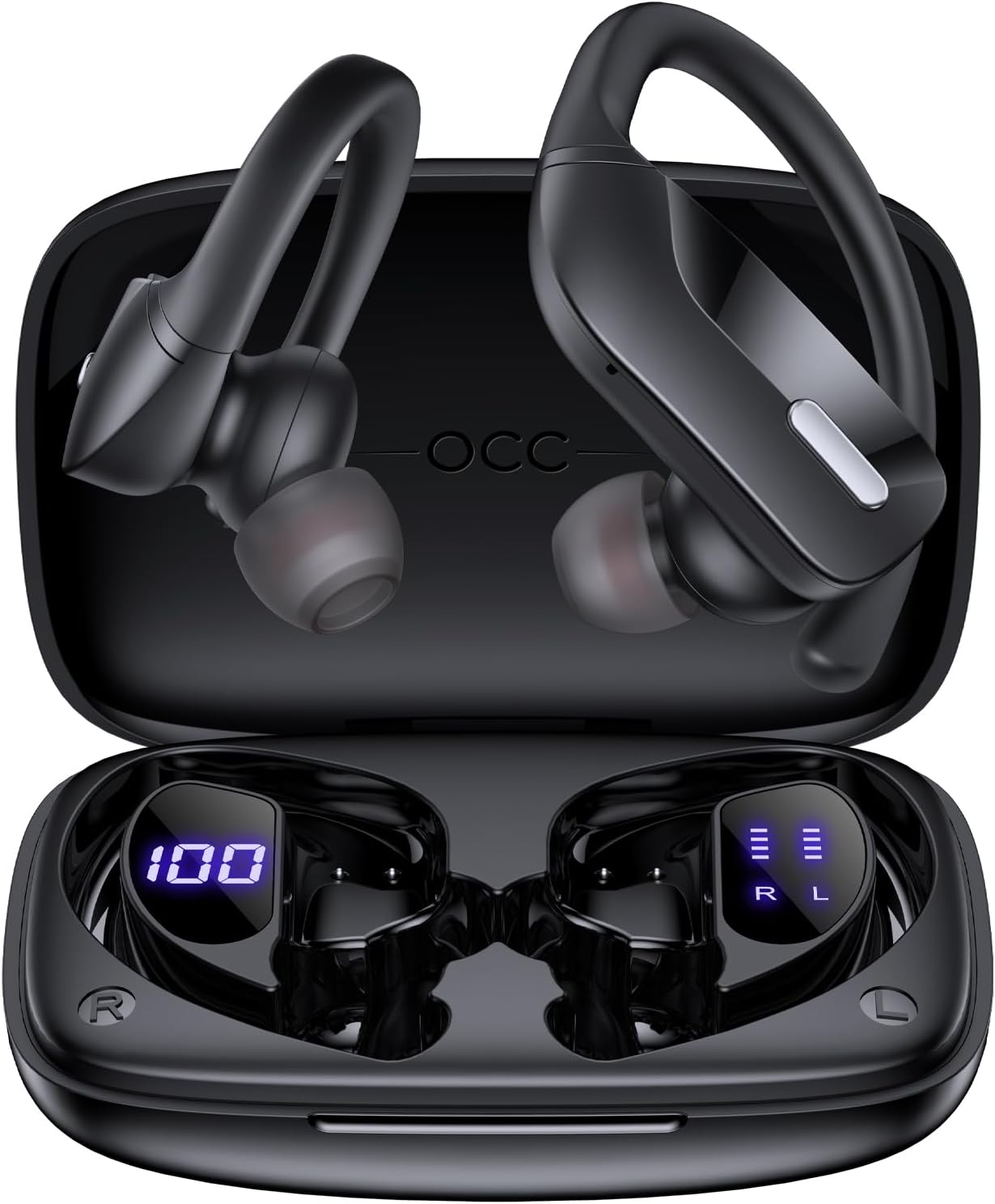 OCC Wireless Ear Hook Sport Earbuds, Bluetooth Headphones with Mic, IPX5 Waterproof, 80H Playtime, Deep Bass, Secure Fit for Running Gym Workout - Black