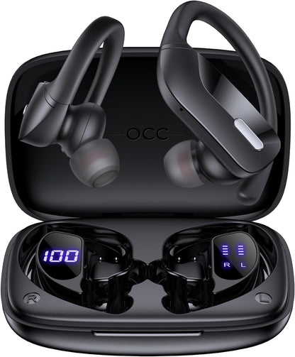 OCC Wireless Ear Hook Sport Earbuds, Bluetooth Headphones with Mic, IPX5 Waterproof, 80H Playtime, Deep Bass, Secure Fit for Running Gym Workout - Black