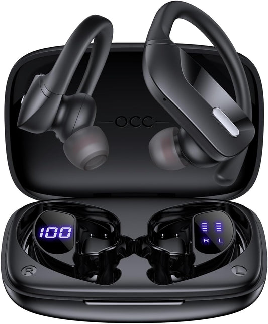 OCC Wireless Ear Hook Sport Earbuds, Bluetooth Headphones with Mic, IPX5 Waterproof, 80H Playtime, Deep Bass, Secure Fit for Running Gym Workout - Black