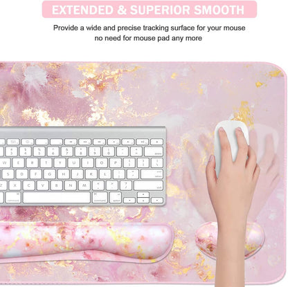 4-in-1 Large Gaming Mouse Pad, Keyboard Wrist Rest Pad & Wrist Support Mousepad Set, Extended Desk Pad Waterproof Desk Mat for Home Office Study Game-Pink Gold Marble