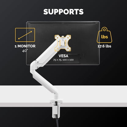 Fellowes Platinum Series Single Monitor Arm for 40-Inch Monitors, Full Motion, 360° Rotation, VESA Mount with Grommet or Clamp, USB Ports, Ergonomic, White, 8056201