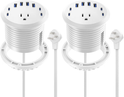 Jgstkcity 65W USB-C Hidden Desktop Power Grommet: 1 AC Outlet,8 USB Charging Ports,3'' Hole Flush Mount Pop-Up Power for Conference Tables & Nightstands (Whtie, 6 FT - 2PCS)