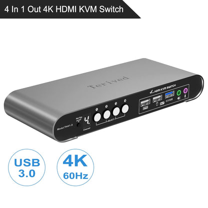 HDMI KVM Switch 4 in 1 Out with Hotkey Mouse Switching, Audio Mic Support, 4K@60Hz, USB 3.0 Hub, Digital Display, Terived Aluminum KVM with Cables Included