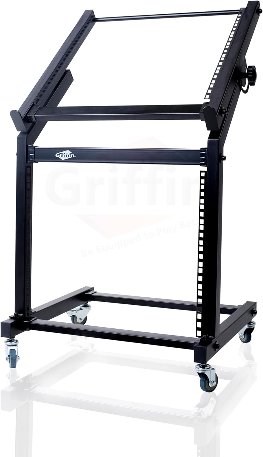 GRIFFIN 19U Rack Mount Rolling Stand (StudioZ PROSteel Series) & Adjustable Mixer Platform Rails – Cart Holder for Audio Music Recording Cabinet – Stage Equipment DJ Gear Storage Case for Amplifier