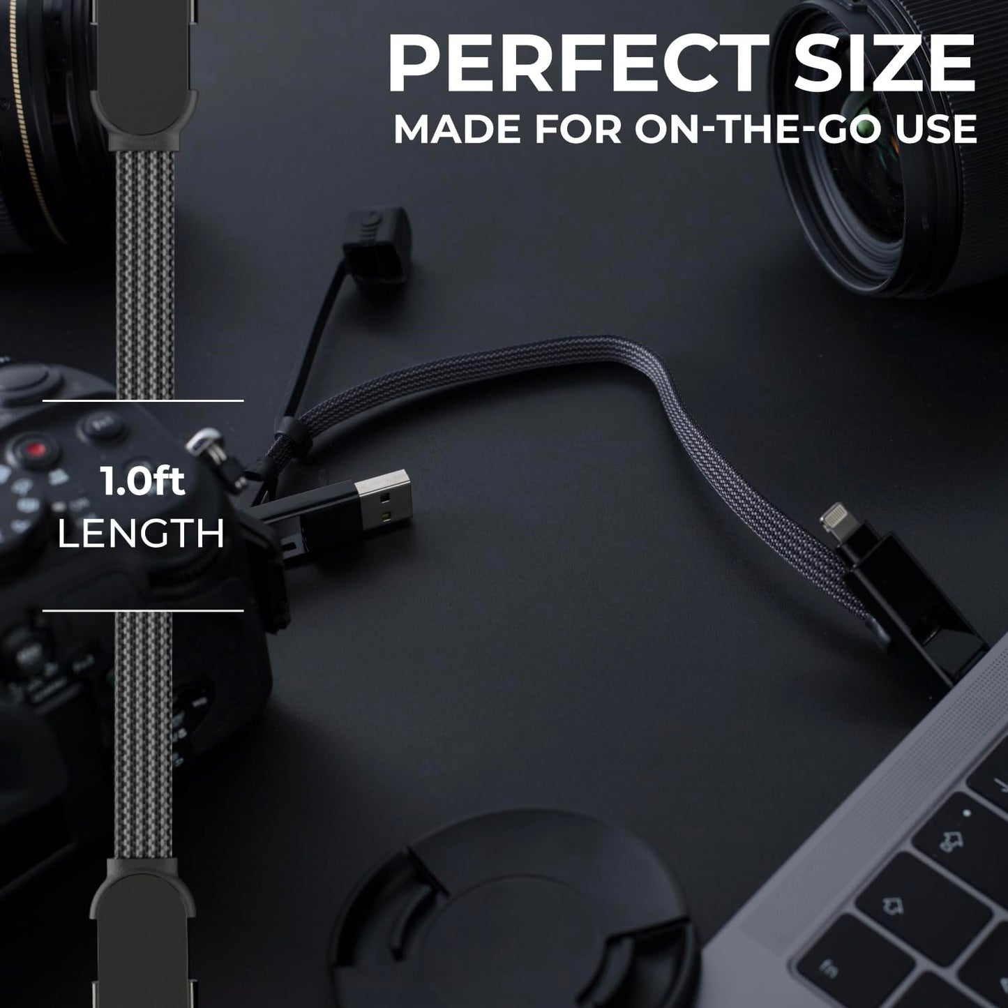 Rolling Square inCharge XL 6-in-1 Multi Charging Cable, (3X Pack) Portable USB and USB-C Cable 100W Ultra-Fast Charging, 1 Ft/0.3m, Black