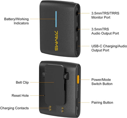 7RYMS iRay DW40 Wireless Lavalier Microphone with Four Transmitters One Charging Case Support AI Denoise, 48kHz/24bit Recording for Video Vlog, Interview, Live Streaming, Podcasting-Black