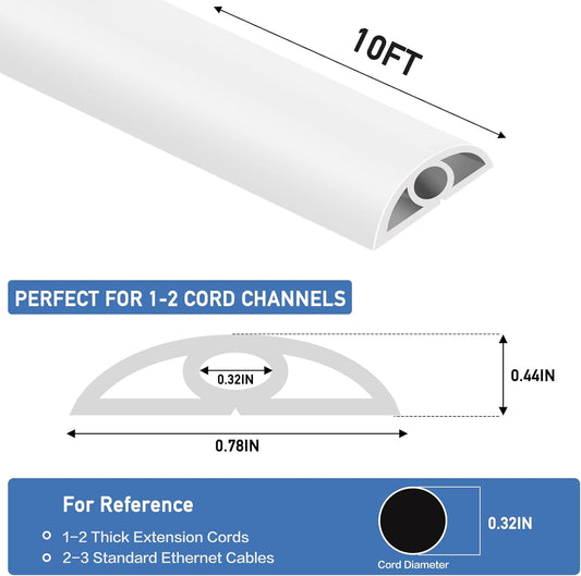 Floor Cord Cover Self Adhesive Cord Hider Floor Extension Cord Covers for Floor Power Cord Protector Cable Management Prevent Cable Trips Cable Cavity 0.32" W x 0.32" H (White, 10Ft)