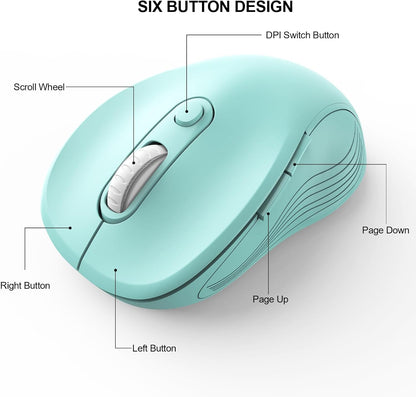WisFox 2.4G Wireless Mouse for Laptop, Ergonomic Computer Mouse with USB Receiver and Type-C Adapter, 3 Adjustable Levels DPI, 6 Button Cordless Wireless Mice (Mint Green)