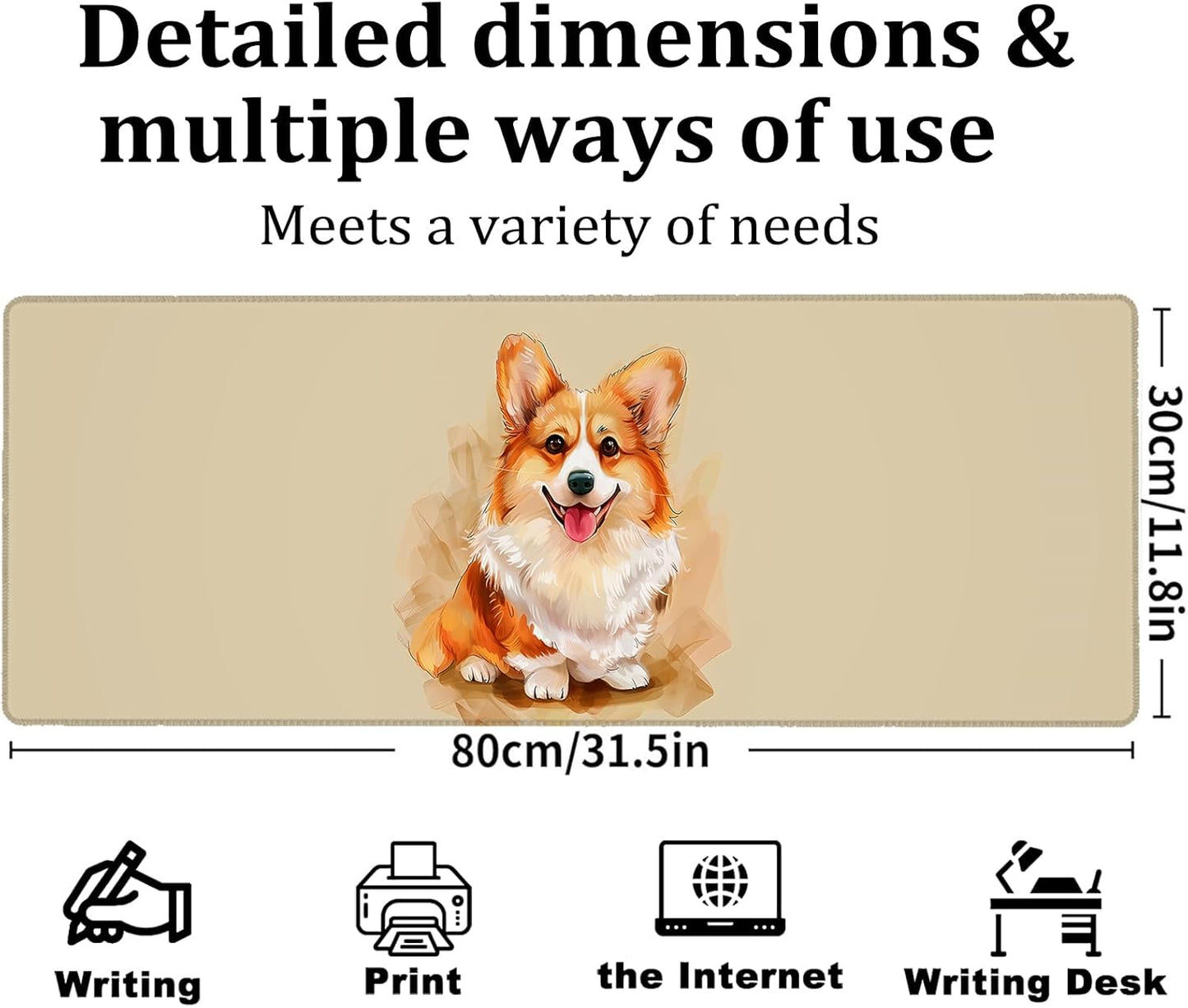 Watercolor Corgi Gaming Mouse Pad, Large Office Desk Mat, Anti-Slip Rubber Base Mousepad for Computer Laptop Keyboard, Smooth Desk Pad for Home Office Gamer Work Accessories 31.5" x 11.8"