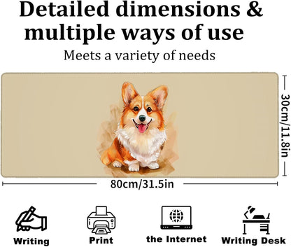 Watercolor Corgi Gaming Mouse Pad, Large Office Desk Mat, Anti-Slip Rubber Base Mousepad for Computer Laptop Keyboard, Smooth Desk Pad for Home Office Gamer Work Accessories 31.5" x 11.8"