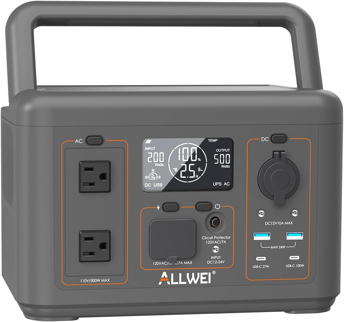 ALLWEI 512Wh Portable Power Station, 500W(Peak 1000W) LiFePO4 Battery, Solar Generator Fast Charge, UPS Mode, Pure Sine Wave 110V AC Outlets, Battery Generator for CPAP Outdoor RV Camping Power Outage