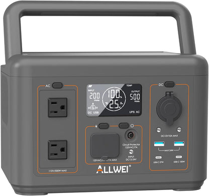 ALLWEI 512Wh Portable Power Station, 500W(Peak 1000W) LiFePO4 Battery, Solar Generator Fast Charge, UPS Mode, Pure Sine Wave 110V AC Outlets, Battery Generator for CPAP Outdoor RV Camping Power Outage