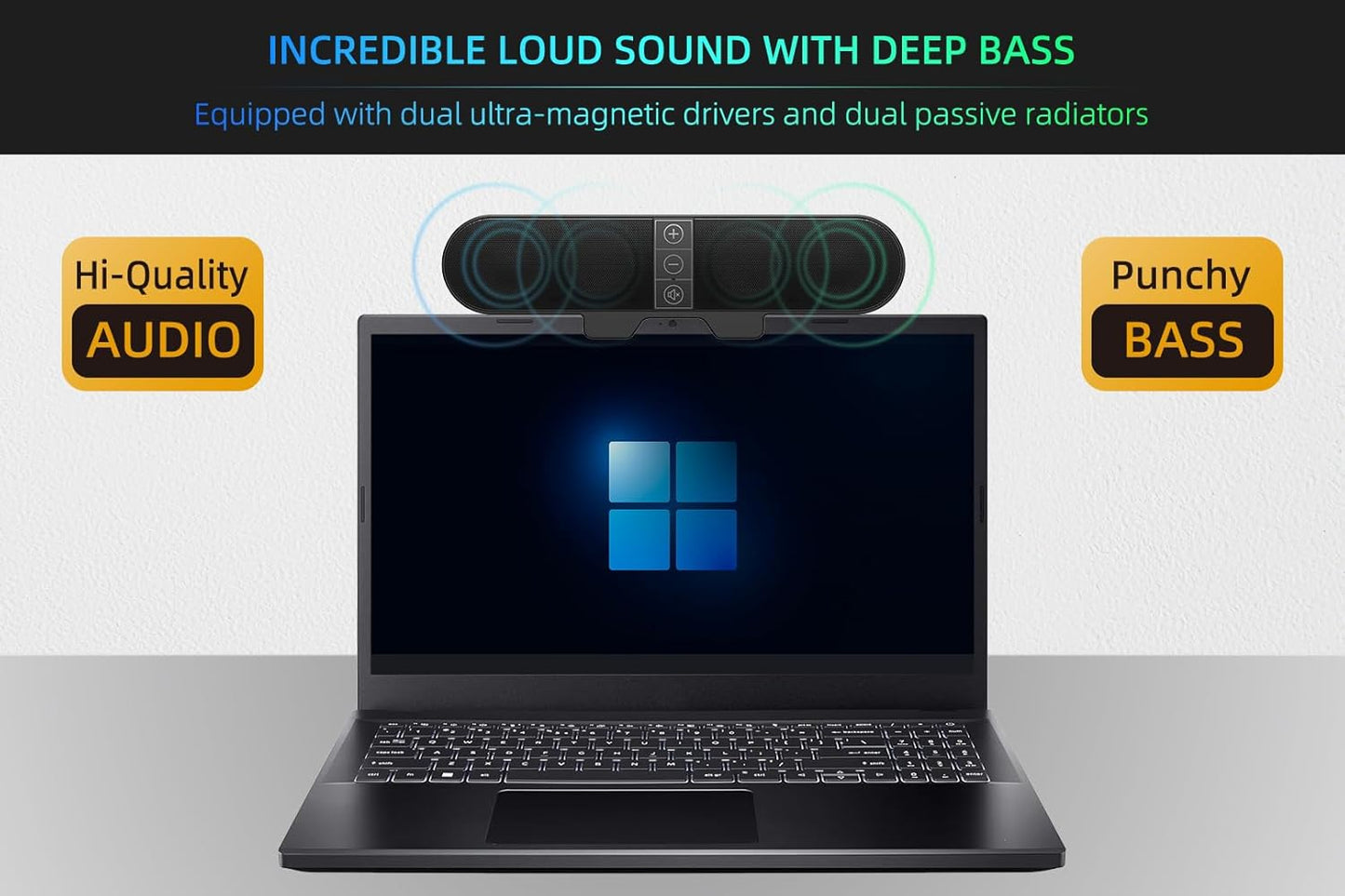 Computer Speakers for Desktop PC Monitor, USB Plug-in, Wired, Computer Soundbar for PC, Laptop Speakers with Adaptive-Channel-Switching, Loud Sound, Deep Bass, USB C Adapter, Easy to Clip on Monitor