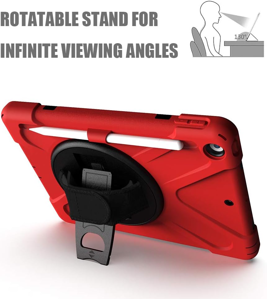 ZenRich Shockproof Case for iPad 9th/8th/7th Generation 10.2 inch 2021/2020/2019, Heavy Duty Rugged Case with Pencil Holder/360° Rotating Kickstand/Handle/Carrying Strap, Red