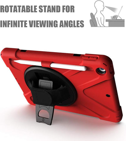 ZenRich Shockproof Case for iPad 9th/8th/7th Generation 10.2 inch 2021/2020/2019, Heavy Duty Rugged Case with Pencil Holder/360° Rotating Kickstand/Handle/Carrying Strap, Red