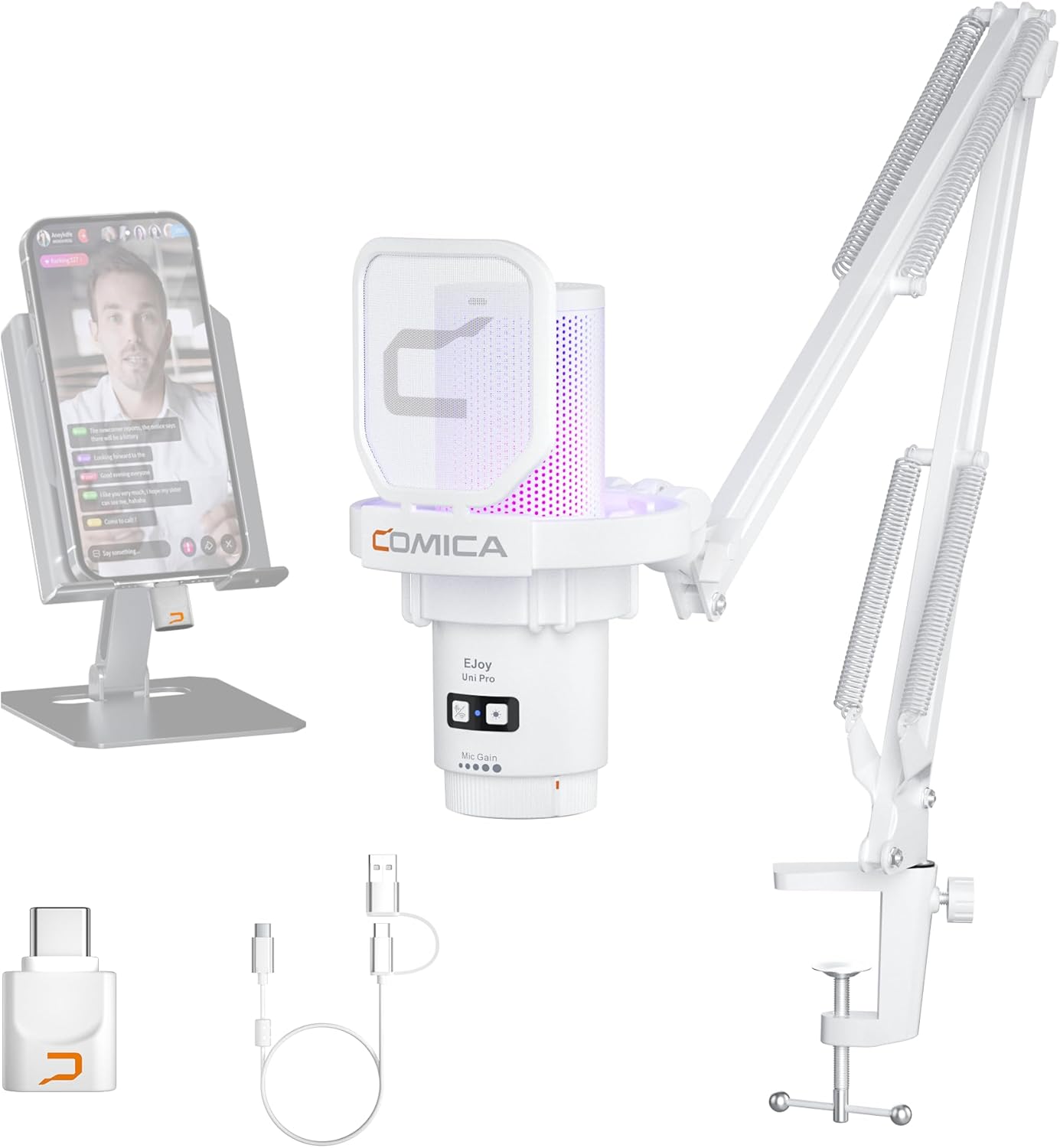 Comica EJoy Uni Pro Wireless USB Condenser Gaming for PC, PS4, PS5, USB C Phone and Mac, Boom Arm RGB Computer Mic for Twitch, Streaming, Podcasting, Noise Cancellation Mic with Mute, Gain, Monitoring