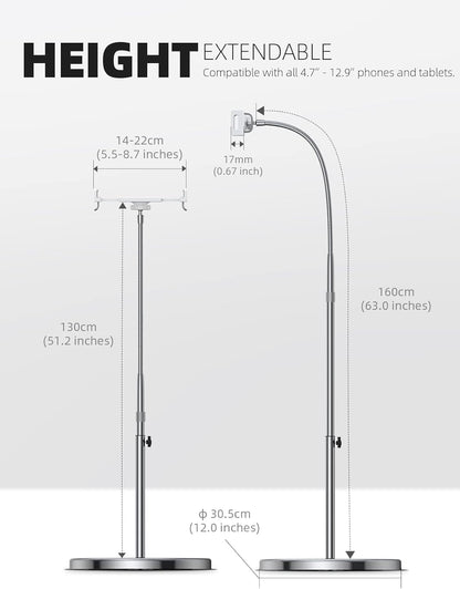 Lamicall Tablet Floor Stand Gooseneck - Swivel Tablet Holder Mount with Adjustable Height & 10.6lb Stable Base, for iPad mini Air Pro 12.9/9.7, Tab, Kindle, iPhone Air 17 Pro Max, Phones (4.7-13")