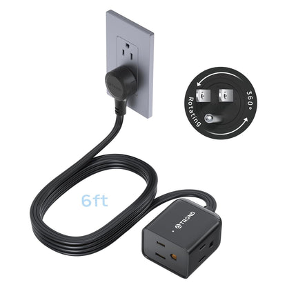 TROND 360° Rotating Flat Plug Extension Cord 6ft, Low Profile Small Power Strip, 3 Side Grounded Outlet, 13A, SPT 16/3 Gauge Cable for Indoor Home Office Kitchen Cruise Travel Essentials, Black