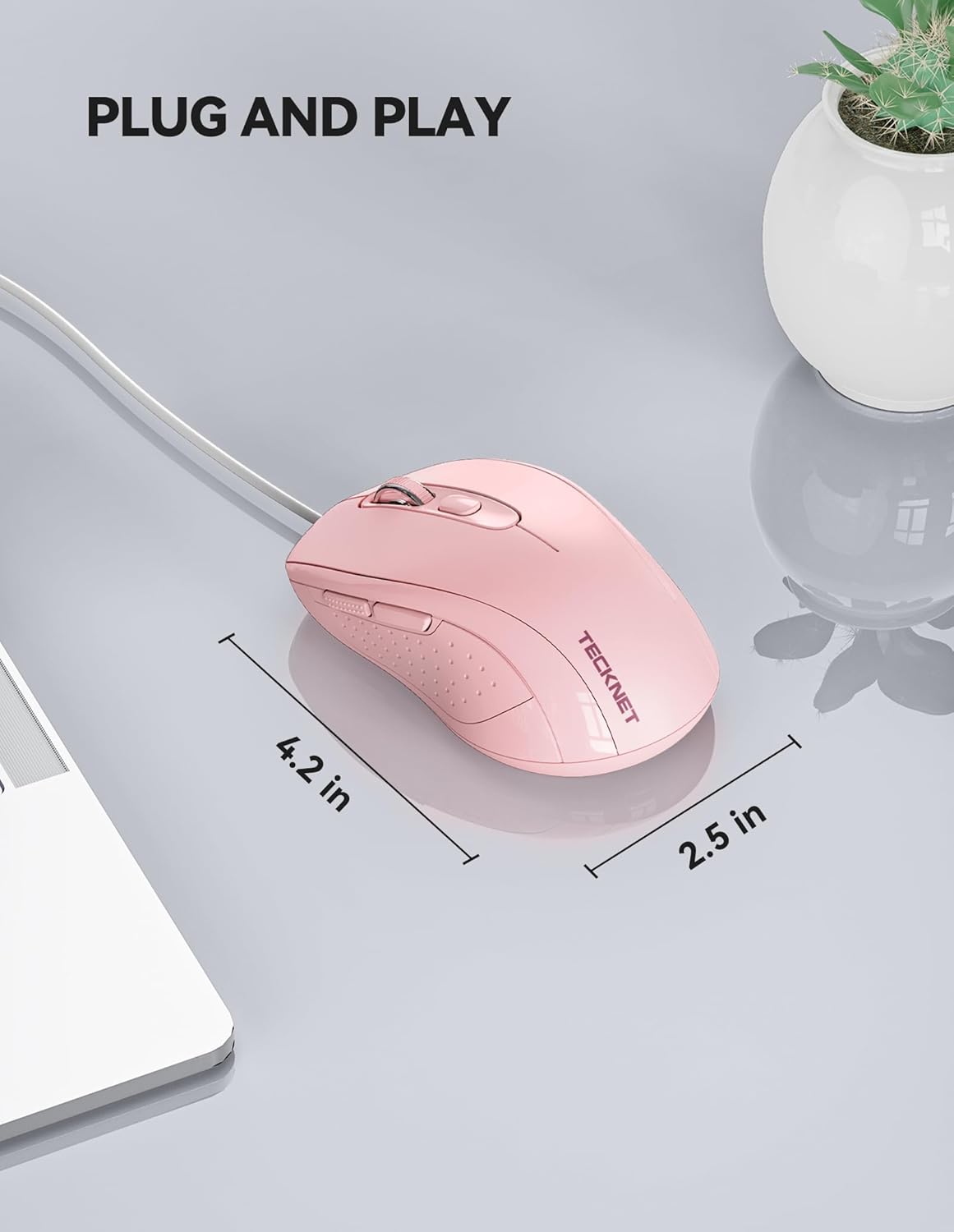 TECKNET USB Wired Mouse, 3600DPI Corded Computer Mouse with 4 Adjustable Levels, 6-Button 5FT Cord Ergonomic Mice, Home and Office Mouse for Laptop PC Desktop Notebook - Pink
