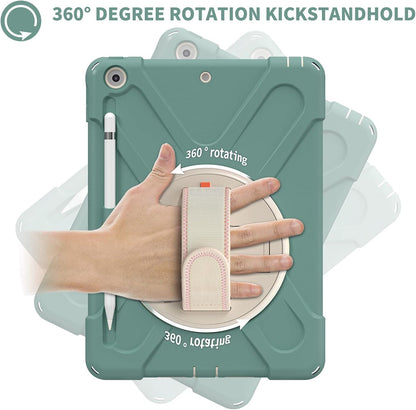 ZenRich Shockproof Case for iPad 9th/8th/7th Generation 10.2 inch 2021/2020/2019, Heavy Duty Rugged Case with Pencil Holder/360° Rotating Kickstand/Handle/Carrying Strap, EmeraldGreen