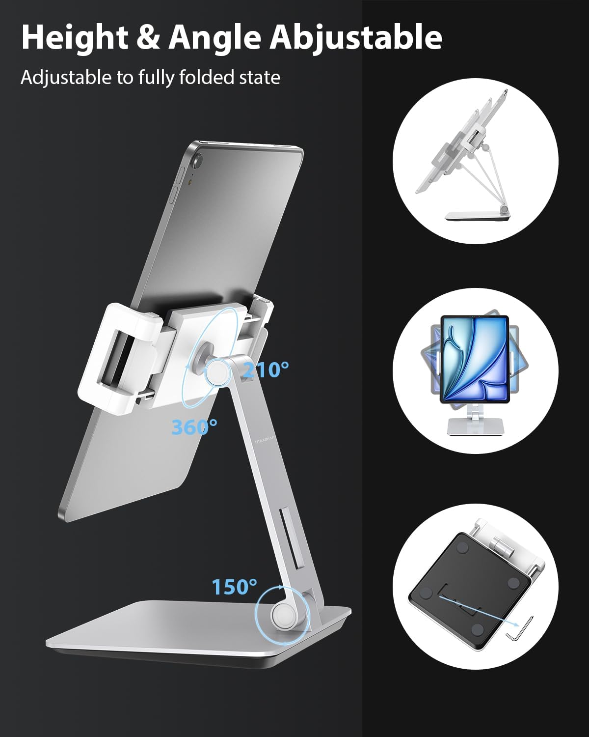 Maxonar Tablet Stand for Desk, 360° Adjustable Aluminum Alloy Swivel iPad Charging Tablet, iPad Pro Air Mini Tablet Holder for Bed Store POS Showcase Kitchen Office Drawing Desktop (6-13''), Silver
